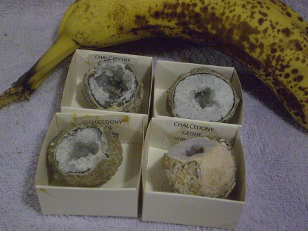 Chalcendony geodes, split in half, about 1.5 inch diameter. S